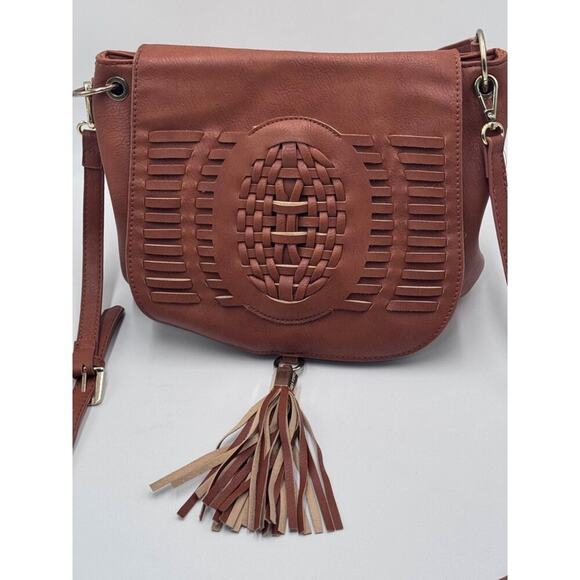 Dolce Vita Brown Faux Leather Woven Saddle Bag Tassel Crossbody Purse - Picture 3 of 11